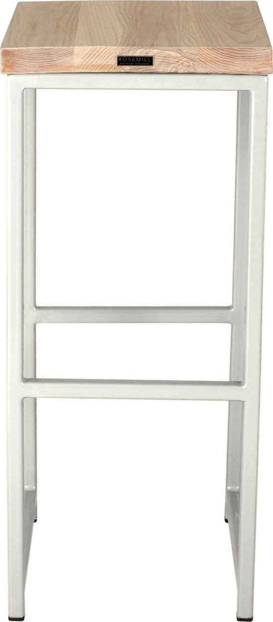 Gloss white metal stool with whitewash stain ash wood made in UK - back view square frame