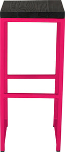 Hot pink metal stool with black stain ash wood made in UK - front view square frame
