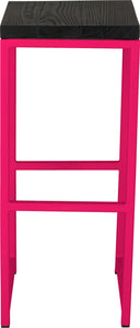 Hot pink metal stool with black stain ash wood made in UK - front view square frame