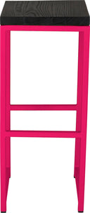 Hot pink metal stool with black stain ash wood made in UK - front view square frame