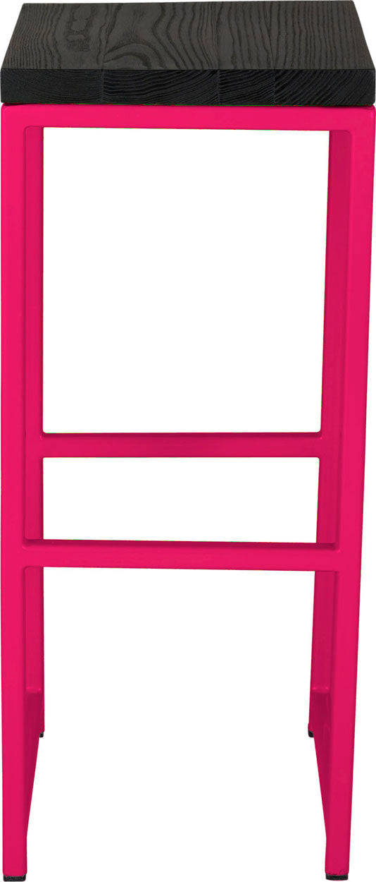 Hot pink metal stool with black stain ash wood made in UK - front view square frame
