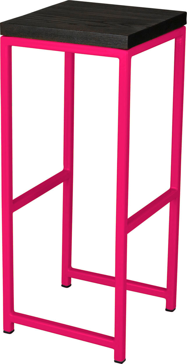 Hot pink metal stool with black stain ash wood made in UK - angle view square frame