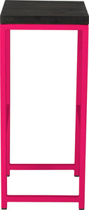 Hot pink metal stool with black stain ash wood made in UK - side view square frame