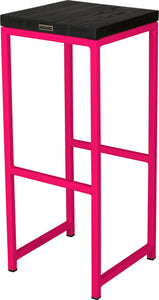 Hot pink metal stool with black stain ash wood made in UK - back side view square frame
