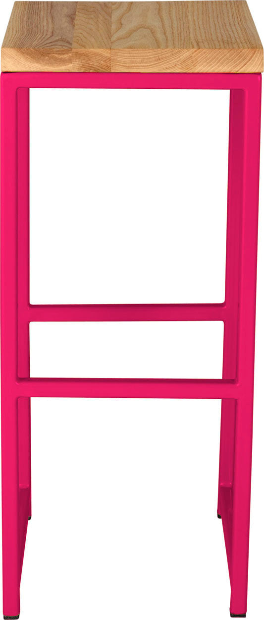 Hot pink metal stool with natural stain ash wood made in UK - front view square frame