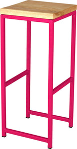 Hot pink metal stool with natural stain ash wood made in UK - angle view square frame