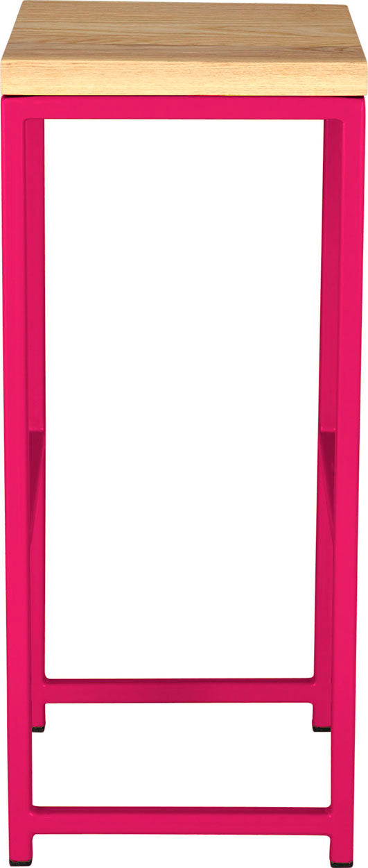 Hot pink metal stool with natural stain ash wood made in UK - side view square frame