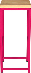 Hot pink metal stool with natural stain ash wood made in UK - side view square frame