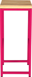 Hot pink metal stool with natural stain ash wood made in UK - side view square frame