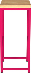 Hot pink metal stool with natural stain ash wood made in UK - side view square frame