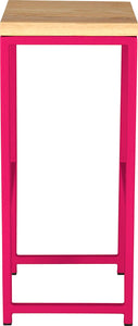 Hot pink metal stool with natural stain ash wood made in UK - side view square frame
