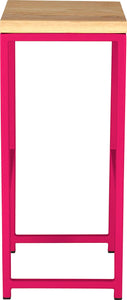 Hot pink metal stool with natural stain ash wood made in UK - side view square frame