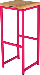 Hot pink metal stool with natural stain ash wood made in UK - back side view square frame