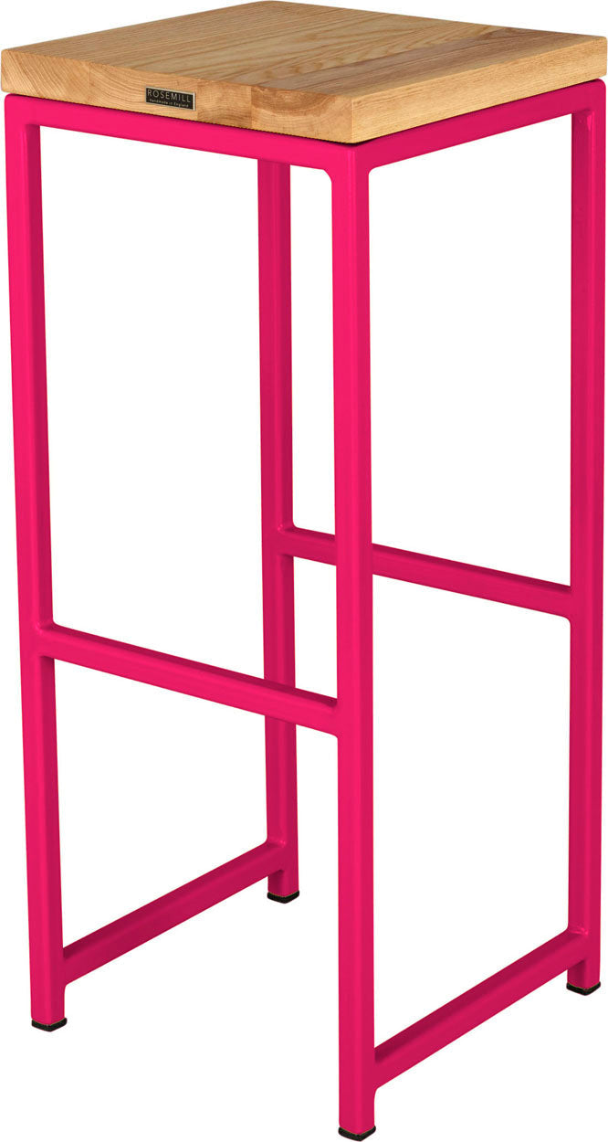 Hot pink metal stool with natural stain ash wood made in UK - back side view square frame
