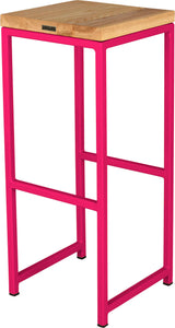 Hot pink metal stool with natural stain ash wood made in UK - back side view square frame