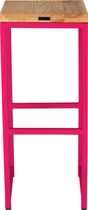 Hot pink metal stool with natural stain ash wood made in UK - back view square frame