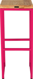 Hot pink metal stool with natural stain ash wood made in UK - back view square frame