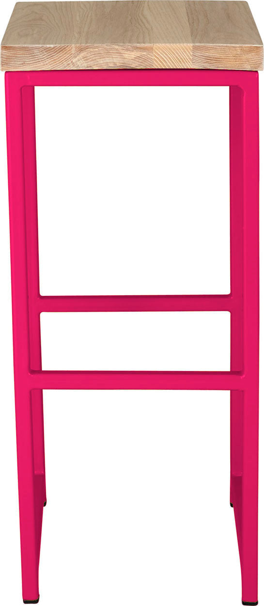 Hot pink metal stool with whitewash stain ash wood made in UK - front view square frame