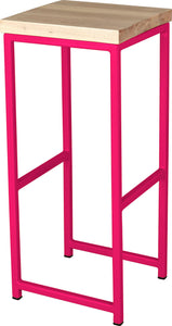 Hot pink metal stool with whitewash stain ash wood made in UK - angle view square frame