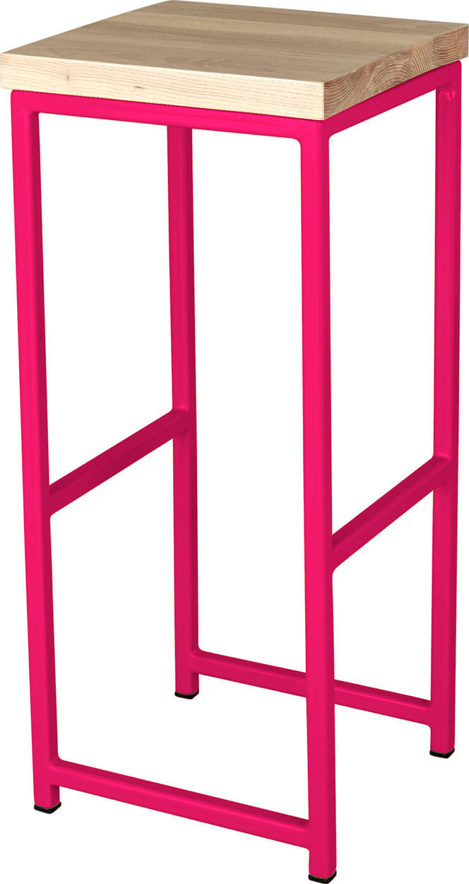 Hot pink metal stool with whitewash stain ash wood made in UK - angle view square frame