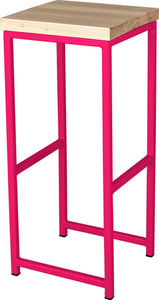 Hot pink metal stool with whitewash stain ash wood made in UK - angle view square frame