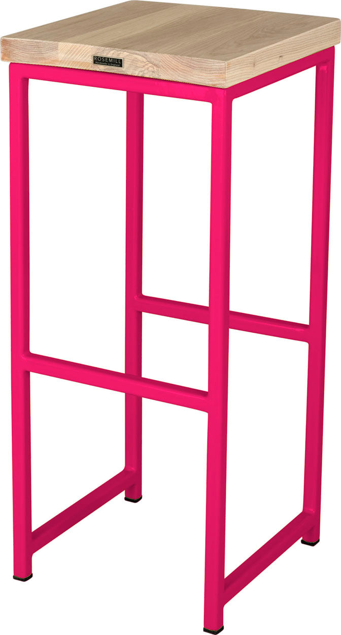Hot pink metal stool with whitewash stain ash wood made in UK - back side view square frame