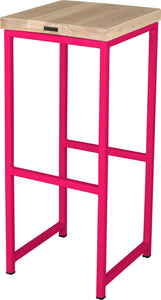 Hot pink metal stool with whitewash stain ash wood made in UK - back side view square frame