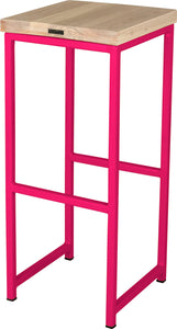 Hot pink metal stool with whitewash stain ash wood made in UK - back side view square frame