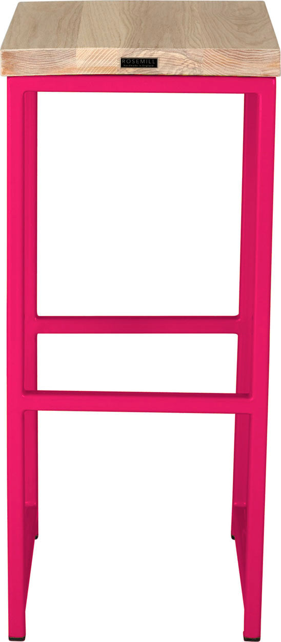 Hot pink metal stool with whitewash stain ash wood made in UK - back view square frame