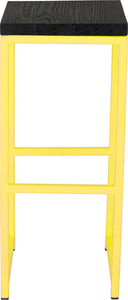 Yellow metal stool with black stain ash wood made in UK - front view square frame