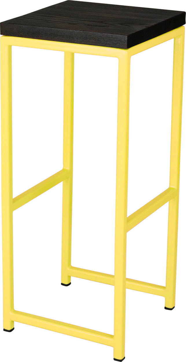 Yellow metal stool with black stain ash wood made in UK - angle view square frame