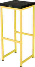 Load image into Gallery viewer, Yellow metal stool with black stain ash wood made in UK - back side view square frame

