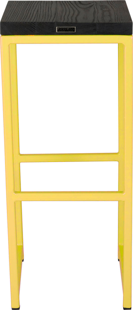 Yellow metal stool with black stain ash wood made in UK - back view square frame