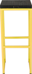 Yellow metal stool with black stain ash wood made in UK - back view square frame