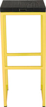 Load image into Gallery viewer, Yellow metal stool with black stain ash wood made in UK - back view square frame
