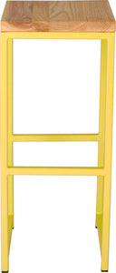 Yellow metal stool with natural stain ash wood made in UK - front view square frame