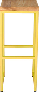 Yellow metal stool with natural stain ash wood made in UK - front view square frame