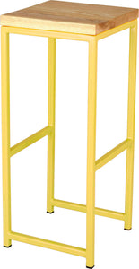 Yellow metal stool with natural stain ash wood made in UK - angle view square frame