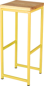 Yellow metal stool with natural stain ash wood made in UK - angle view square frame