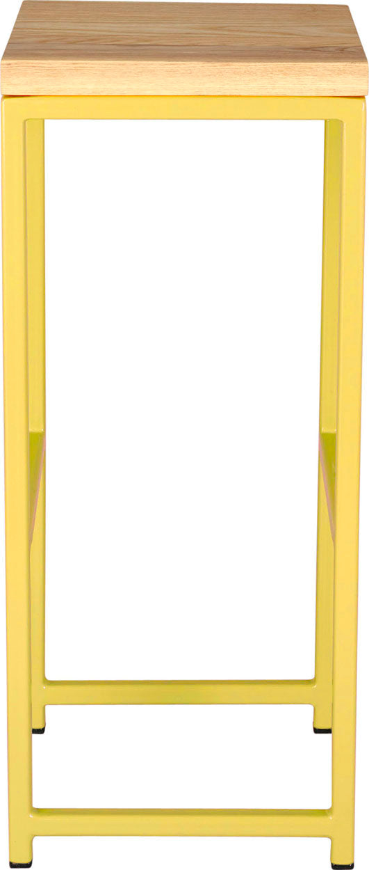 Yellow metal stool with natural stain ash wood made in UK - side view square frame