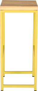 Yellow metal stool with natural stain ash wood made in UK - side view square frame
