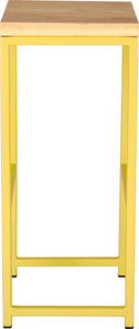 Yellow metal stool with natural stain ash wood made in UK - side view square frame