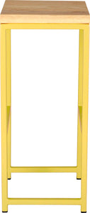 Yellow metal stool with natural stain ash wood made in UK - side view square frame