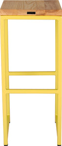 Yellow metal stool with natural stain ash wood made in UK - back view square frame
