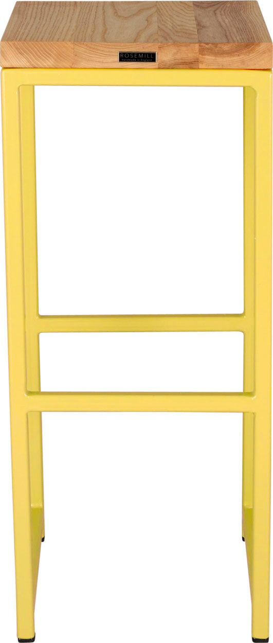 Yellow metal stool with natural stain ash wood made in UK - back view square frame