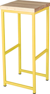 Yellow metal stool with whitewash stain ash wood made in UK - angle view square frame