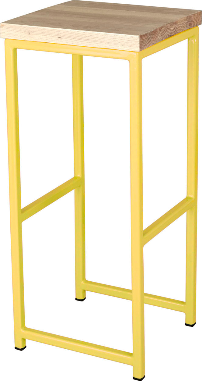 Yellow metal stool with whitewash stain ash wood made in UK - angle view square frame