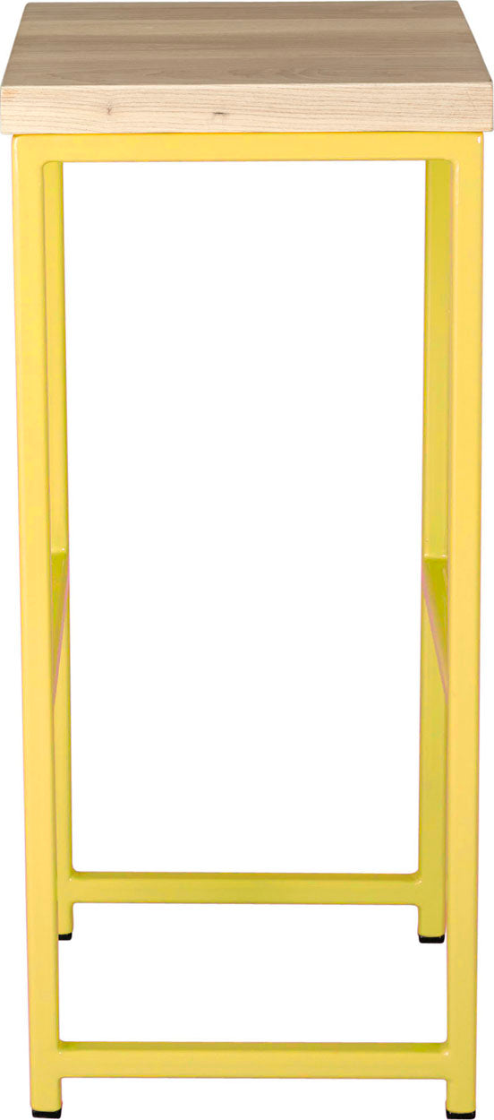 Yellow metal stool with whitewash stain ash wood made in UK - side view square frame