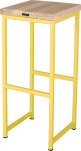 Yellow metal stool with whitewash stain ash wood made in UK - back side view square frame