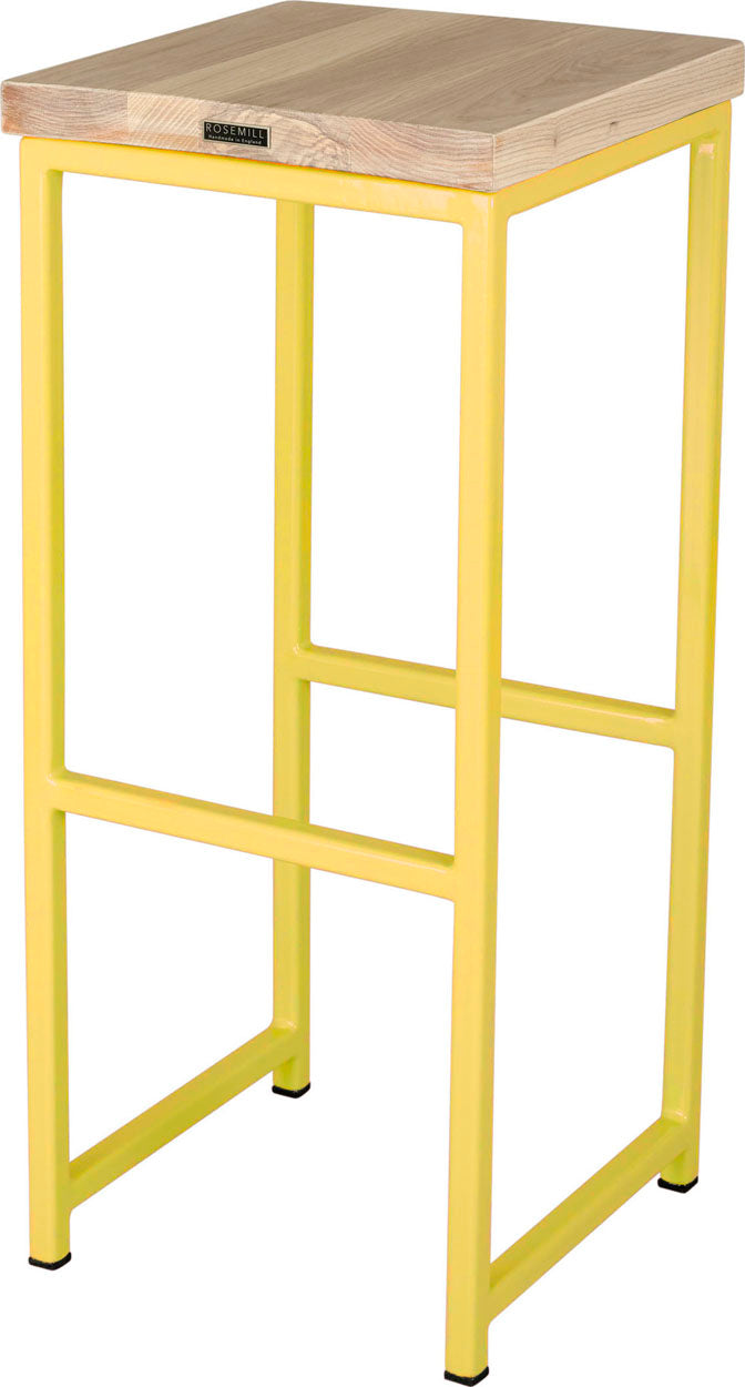 Yellow metal stool with whitewash stain ash wood made in UK - back side view square frame
